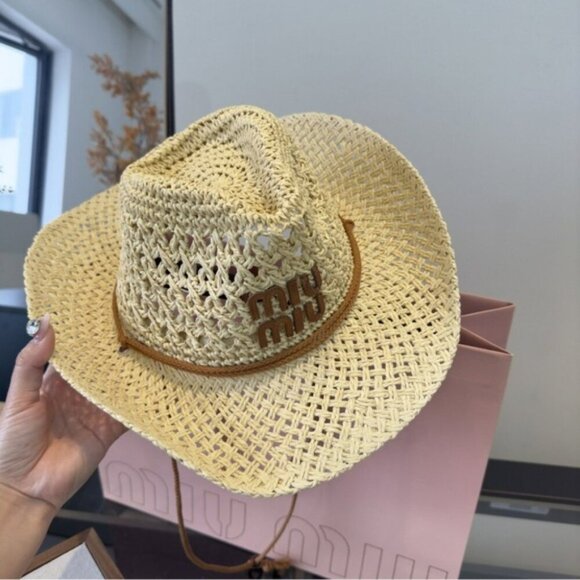 Miu Miu Straw Hat Woven Raffia Summer Beach Sun Hat Designer Chic - Picture 4 of 9